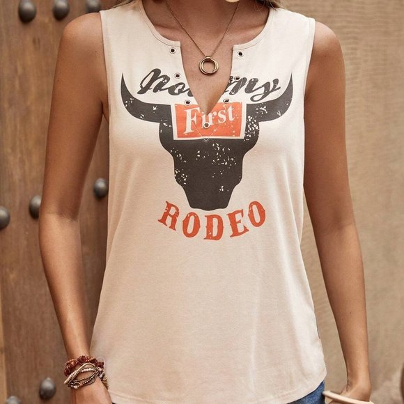 Khaki Casual Womens Letter Graphic Notched Neckline Tank Top - Picture 4 of 5